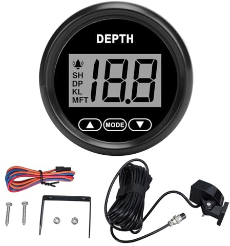 Stylebest Tiefenmesser für Boote, Edelstahl 316L-Lünette, Beschlagfreies Glas, IP67, Wasserdichtes LCD-Display, 100 M Reichweite, 12 V, mit Alarm und (81000245 Schwarzes Zifferblatt, schwarze Lünette)