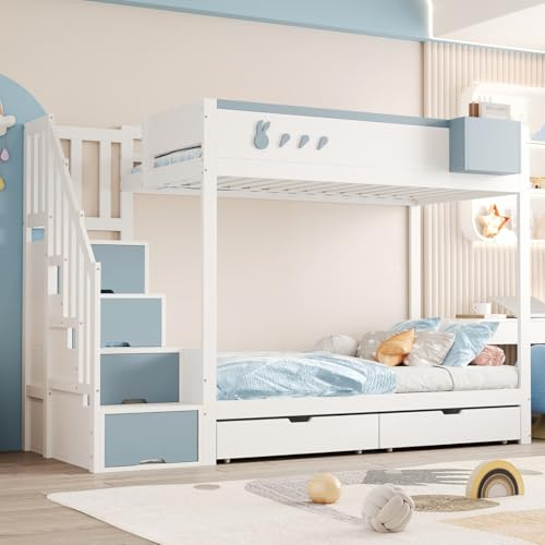 KOMHTOM Lit Superposé pour Enfant 90x200 cm, Lit Mezzanine 2 Places avec 2 Tiroirs et Escaliers de Rangement, Cadre de lit pour Garçons et Filles(sans Matelas) (Blanc + Bleu)