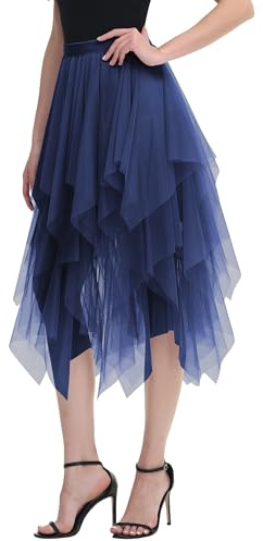 Damtyllkjolar asymmetrisk tyllkjol A-linje midikjol puffy fe kjolar elegant mjuk knälång lager tutu kjol, Blåbär, L