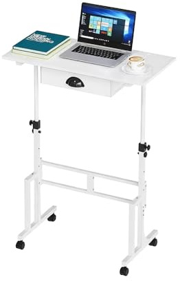 Uptyia Escritorio Ajustable con Cajón de Tela y Ruedas | Altura regulable de 80 a 110 cm, Superficie de 81 × 40 cm, Blanco, 4 Niveles de Ajuste, Ideal para Trabajo y Estudio