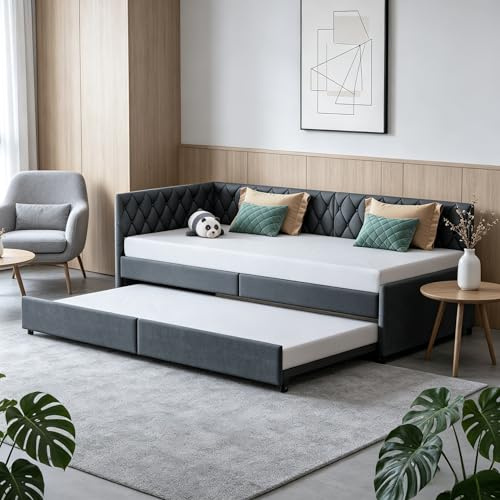 BRILVERDE bäddsoffa 90x200 cm, utdragbar bäddsoffa, utdragssäng för vardagsrum, gästsängar, multifunktionssäng med ribbotten, sammetstyg (grå)