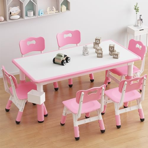 Mobeneno Kids Table with 6 Chairs, Height Adjustable Nonslip Children's Table Chair Set for Nursery and Children's Room, Wooden Desktop Children's Activity Furniture Seating Kit for Boys Girls