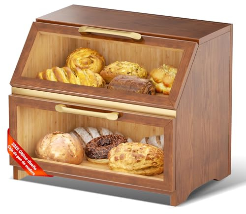 Panera de madera con ventilación para la encimera de la cocina, gran recipiente para guardar pan casero, organizador de panera de estilo rústico para la esquina de la de la cocina, el armario (nuez)