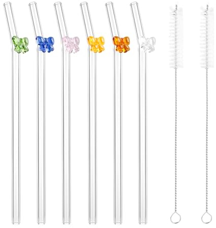6 Pajitas de Vidrio Largas con Lazo Decorativo, Popotes Reutilizables de Vidrio Borosilicato de 20 cm, Incluye Cepillo de Limpieza, para Smoothies, Zumos, Cócteles, Té de Burbujas y Bebidas Calientes