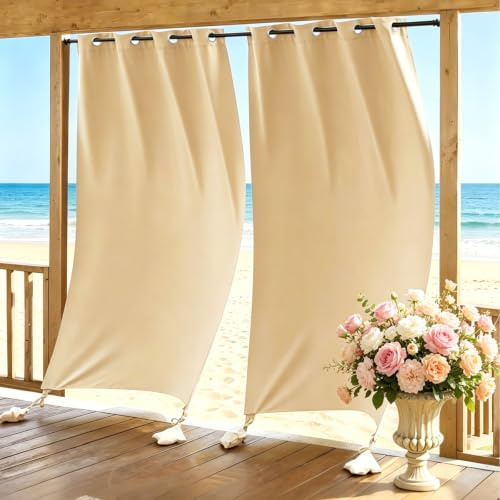 CEWROM Utomhusgardin väderbeständiga gardiner solskydd | 2 stycken 243 x 132 cm linneutseende utomhusgardiner ogenomskinliga gardiner med öljetter och viktade påsar för terrassdörr