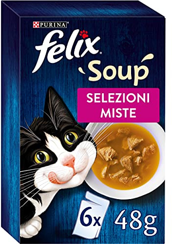Purina Felix Soup Original Cibo Umido per Gatti con Manzo, Pollo e Tonno, 8 Confezioni con 48 Buste da 48g