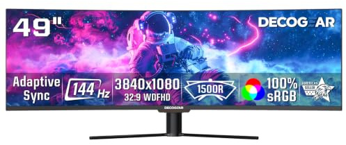 Deco Gear 49” Ultrawide Curved Monitor, 144Hz 32:9 Dual FHD 3840×1080, R1500, 3000:1 VA Super Wide Screen, Adaptive Sync, HDR400, USB-C 65W, 3ms, HDMI/DP, PBP/PIP KVM Work Gaming Display, Laptop & PC