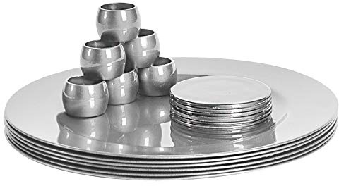 Argon Tableware Metallic Charger Plates, Coasters & Napkin Rings Set - Silver - 18pc - 33cm - Reusable Dining Table Setting Plates Drink Placemats Napkin Holders for Christmas, Party Celebrations