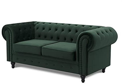Home Detail Chesterfield Sofa, 2 Seater, Green Velvet | Modern, Upholstered Settee Set, 2 Seat couch