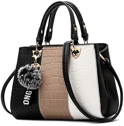 DIRRONA Damen Handtasche, PU Leder Handtasche mit Farbblock-Design und elegantem Anhänger, stilvolle Schultertasche & Umhängetasche für Arbeit, Reisen und Freizeit Mitternachtsschwarz