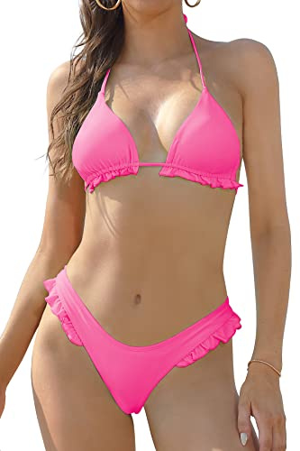 SHEKINI Costume da Bagno Donna Due Pezzi Triangolo Ties-Up Halter Bikini Top Costumi Donna Due Pezzi A Balze Perizoma Brasiliano Bikini Fondo da Spiaggia(S,Rosa Fluo)