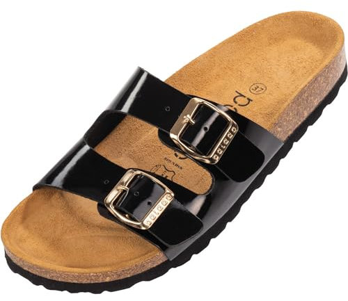 Palado Pantoletten Damen Milos Lack – elegante Sandalen Made in Spain - bequeme Hausschuhe mit Kork-Fußbett - modische Sommerschuhe Schwarz UK3,5 - EU36