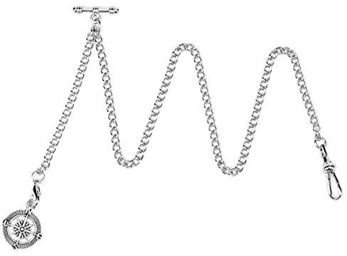 ÖSSZEFUT Albert Chain Taschenuhr, T-Bar-Kette mit Kompassanhänger, Curb Link Chain Antike Fob T-Bar für Herren Silber
