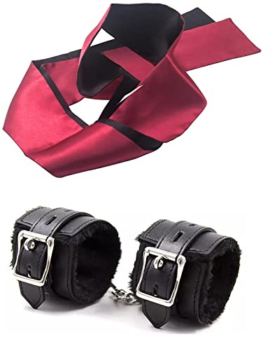 LOCKISH Handcuffs and Blindfold Adult Bedroom,Blindfolds and Handcuff sets,Hand Cuffs,PU Leather AdjustableAnkle Bracelets,Blindfold,Silk Satin Blind fold Eye Mask for Sleeping Games(Black Red)