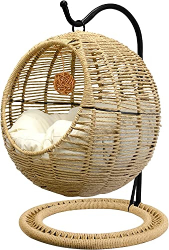 Balançoire pour Chat À L'intérieur Et À L'extérieur - Lit en Osier Fait À La Main avec Coussin Amovible Et Boule Suspendue - Lavable pour Petit Chien Et Petits Animaux