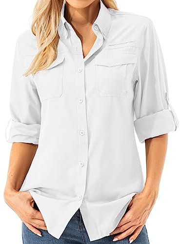 Asfixiado Damen Hemdbluse UV Shirt UPF 50+ Safari Kleidung Wanderbluse Damen Outdoor Cooling Quick Dry Sonnenschutz Langarm Luftiges Hemd（5072 White L）