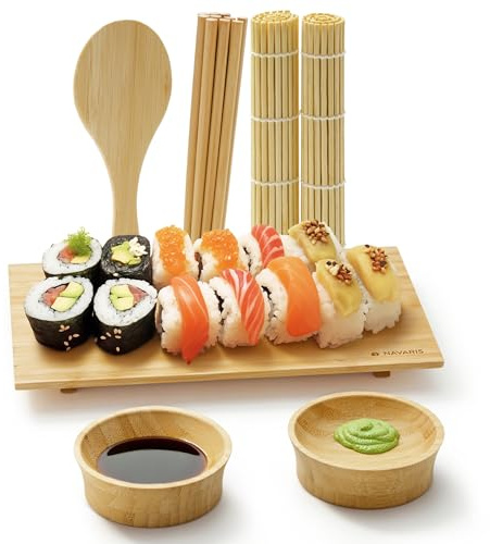 Navaris Kit Sushi Fai da Te Completo - Set Sushi Bambù 5 Persone - 2 Stuoie 5 Paia Bacchette 5 Appoggia Bacchette 2 Piattini per Salsa di Soia e Paletta Riso - con Vassoio Portata