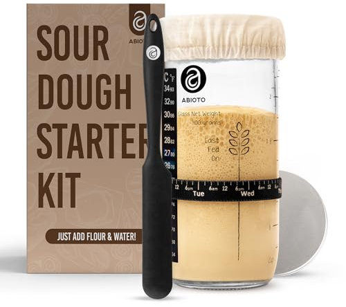 Kit de Levain – Bocal avec Couvercle Métallique, Spatule en Silicone, Suivi d'Alimentation, Bandes Thermomètre, Couvercles Respirants – Idéal pour Faire du Pain au Levain (710 ml)