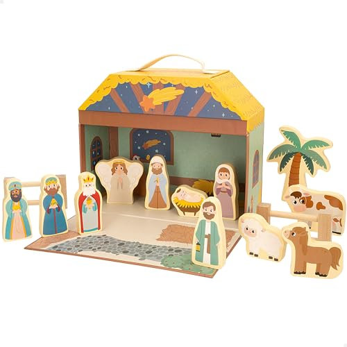 WOOMAX Wooden Crib Portal for Children, 15 Pieces, Double-Sided Print, Christmas Birth, Nativity Scene, King Magicians, for Children +3 Years Old, Christmas Decoration (47392)