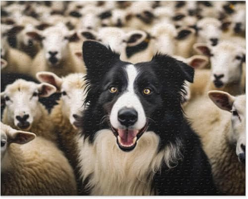 1000 Pieces Puzzle Chiot Border Collie pour Adultes La Vie des Moutons Border Collie Entouré De Moutons en Troupeau Puzzles en Bois Développement De L'Intelligence Jeux Cadeaux
