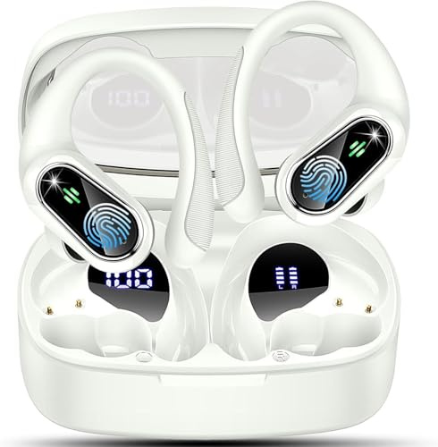 Wireless Earbuds, Bluetooth 5.3 Sport Headphones HiFi Stereo Noise Cancelling Earbuds with HD Mic, 50H Wireless Headphones Dual LED, In Ear Ear Buds with EarHooks, IP7 Bluetooth Earphones, White