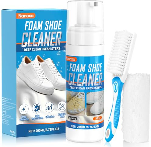 Nanoxa Shoe Cleaner, 200ml Trainer Cleaner, Shoe Cleaning Kit with Brush & Towel Removes Dirt & Stains, Sneaker Cleaner Foam for White Shoes, Leather, Knit, Boots, Canvas, Suede, Fabric, Rubber, PU