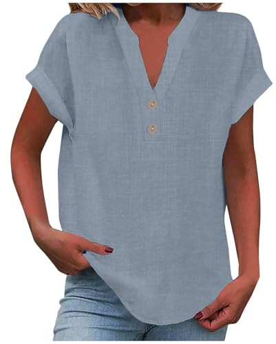 KOG Damen T-Shirt Elegante Leinen Tshirt Elegant Kurzarm T-Shirts Frau Shirts Casual Leinenshirt Shirt Rundhals Blusen Blau XXL