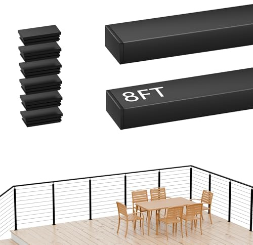 Toyeah 2Pack 8FT Black Cable Railing Handrail for Deck Stair Cable Railing System, T304 Stainless Steel Handrails with End Cap, Cuttable Rectangular Handrail Flat Top Rail for Indoor Outdoor