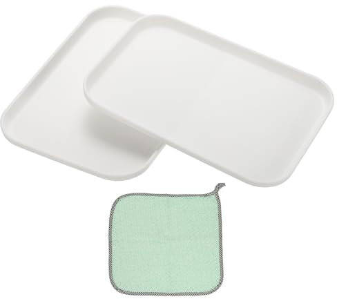 PATIKIL 9.5x6.9 Plastic Tray, 2 Pack Rectangular Plates Small Food Tray Wheat Plates Dishes Reusable Dessert Plate Trays with Cloth for Cake Fruits Salad Cupcake Steak Serving White