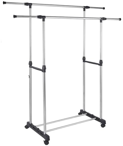 DECODEKO Perchero Doble de pie Burro con ruedas doble de metal extensible 80 x 43 x 90-160 cm (Doble barra - longitud ajustable)