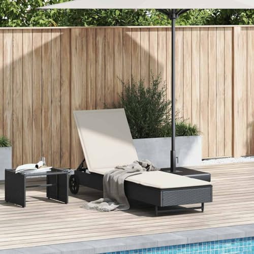 Tumbona con Ruedas, Silla de Playa Plegable con Cojín, Ajustable en 3 Posiciones, Ratán Sintético Negro y Acero, Resistentes a UV y Agua, para Jardín, Piscina, Camping o Terraza, 55 x 200 x 80 cm