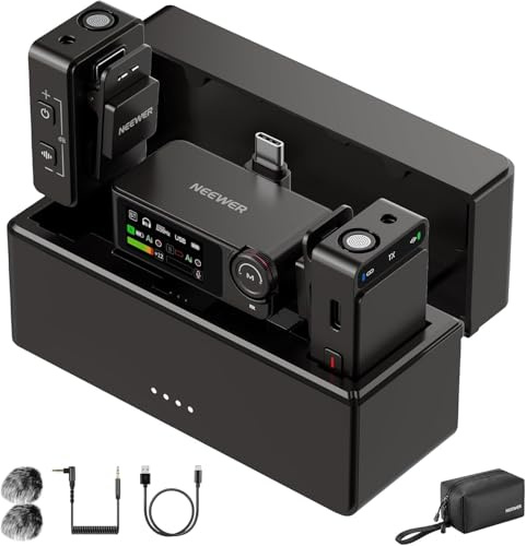 NEEWER CM36 Pro trådlös slips-mikrofon, Micro USB C 48 kHz 24/32bit flytande 85 dB SNR AI, brusreducering, nedskärning, låg skärning, 8 GB, batteri, 54 timmar, 2,4G räckvidd 100 m, 3,5 mm monitoring
