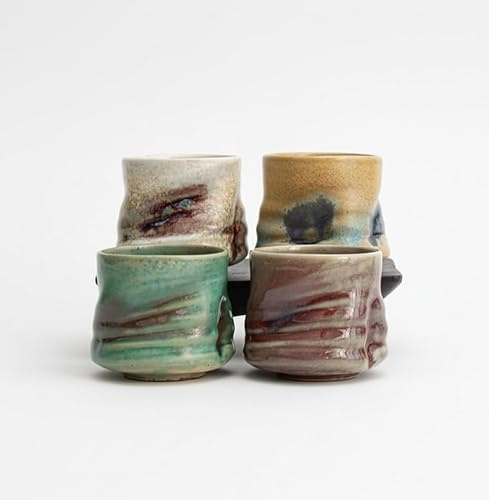 Juego de 4 Tazas de Café de Cerámica Artesanal, 200ml (7 oz) - Tazas de Té Estilo Japonés sin Asa, Juego de 4 Vasos Rústicos para Cappuccino, Espresso y Latte, Para Regalo, Diseño Vintage Hecho a Mano