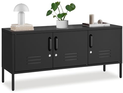 tectake® sideboard i metall med 3 låsbara dörrar, 120 x 37,5 x 55,5 cm | magnetlås, justerbar mellanhylla, höjdjusterbara fötter, 2 kabelgenomföringar, inkl. tippskydd, pulverlackerat stål, svart