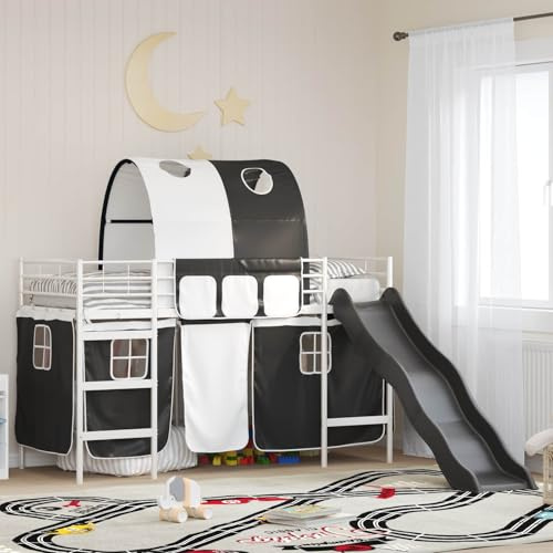 Teenpull Barnvåningssäng metallsäng 100 x 190 cm vit, svart med ribbotten och draperier för barnrum och ungdomsrum, utrymmesbesparande, stabil och hållbar