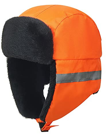 Hommes Chapka Haute visibilité d'hiver Aviateur en Faux Cuir Fausse Fourrure Trapper Femmes Earflap Chasse Casquette Adulte Unisex Orange Jaune (58CM, Orange)