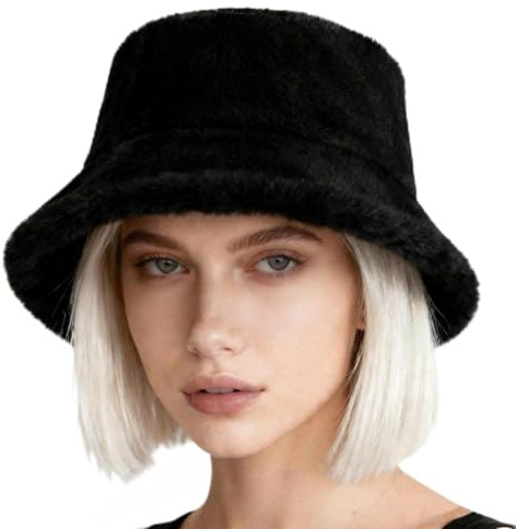 ITODA Winter Warm Furry Bucket Hat Faux Fur Winter Thermal Hat Wide Brim Fisherman Cap Soft Plush Fluffy Hat Cozy Warm Cap for Women Girls Black