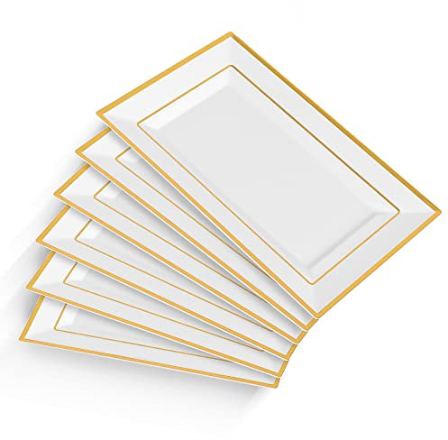Junw Elegant Plastic Serving Tray & Platter Set (6pk) - White & Gold Rim Hard Reusable Food Tray for Weddings, Parties, Cupcake Display - 8x13 inches