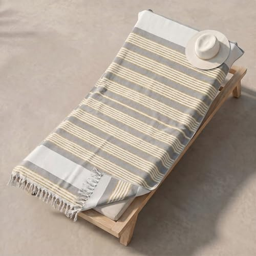 INTRECCI Telo Mare in Cotone Riciclato, Asciugamano da Spiaggia Grande con Frange, 90x170 cm, Fantasia a Righe, Morbido, Assorbente, Asciuga Rapidamente, Modello: Berenice, Grigio