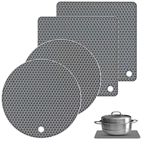 Bimormat Silicone Trivet Mats, 4 Pack 2 shape(2 Squared+2 Round) Heat Resistant Pot Holders Set, Silicone Table Mats Large Coasters for Kitchen Counter, Tables, Hot Dishes, Hot Pats, Pans(grey)