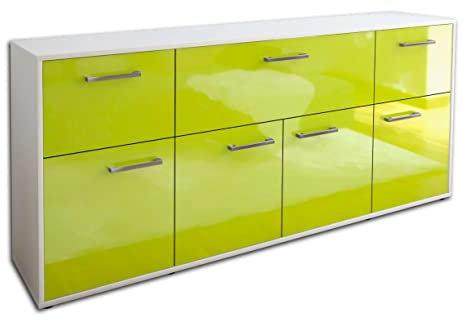 Lqliving Kommode Sideboard Gianna, Korpus in Weiss matt, Front im Hochglanz-Design Grün (180x79x35cm), inkl. Metall Griffen, Made in Germany