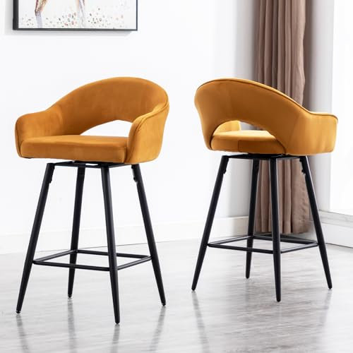 chairus Barhocker 2er Set Samt Barstuhl Küche, Gepolstert Barhocker Drehbar Tresenhocker mit Lehne, Barstuhl Schwenkbar für Esszimmer Hausbar, Gelb