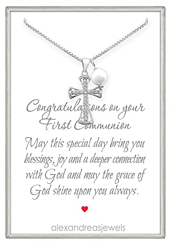 Sterling Silver Cross Necklace for Girls, First Communion Gift Necklace for Daughter, Silver Cross Necklace with Crystal Pearl