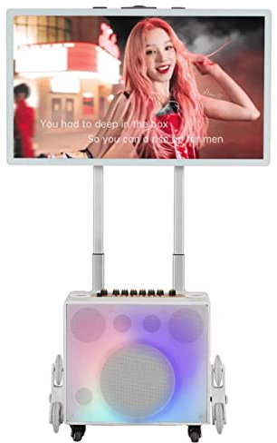 NURCIX Portable Karaoke Machine Complete Karaoke System Includes Bluetooth Speakers on Wheels, 2 Bluetooth Microphones, Disco Ball, LED Speaker Light, Cell Phone Stand white