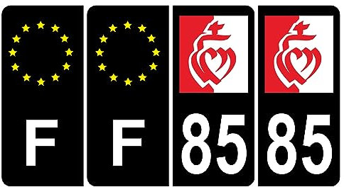 HADEXIA - Lote de 4 adhesivos para matrícula de coche, 85, bandera de Vendéen, color negro y F Europa