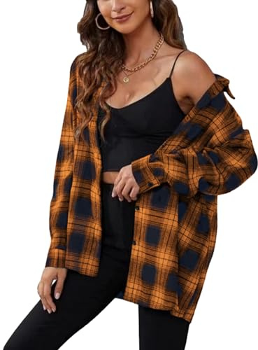 Zontroldy Chemise à Carreaux en Flanelle pour Femme - Manches Longues - Boutonnée - Chemisier à Carreaux de Buffle, Noir/Orange, XX-Large