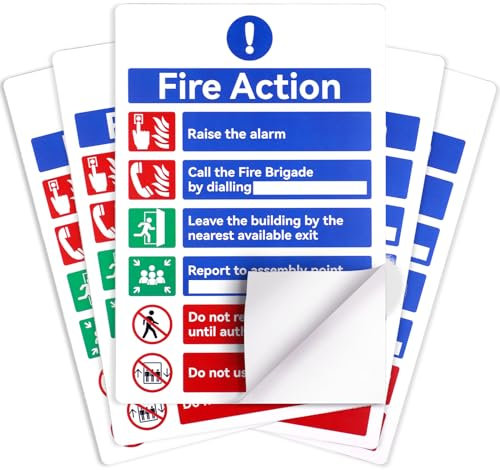 Deepton 300X200mm Fire Action Notice Sign, 5 Pack Fire Assembly Point Sign, Big Fire Exit Sign, Self Adhesive Fire Safety Signs with Emergency Number, Fire Alarm Guidelines, Fire Signage