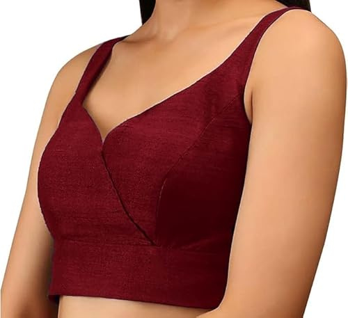 Fashnkart Women's Stitched Saree Blouse Indian Women Dupion Silk Top Readymade Bollywood Sari Choli V-Neck Line, Sleeveless, Side Open with Zipper Maroon