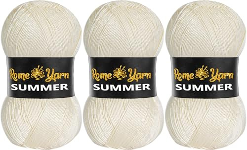 Rome Yarn Summer | 3 x 100 g | Hilo de verano | #2 fino | Efecto Seda | 100% microfibra | Hilo acrílico antibolitas (25 crema)