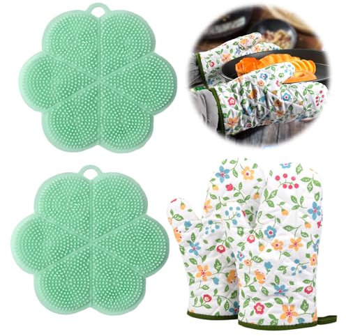 Guanti da Forno e Presine da Cucina, 1 Coppia Guanti da Forno Resistenti al Calore e 2 Pezzi Presine, Set Di Guanti Da Cucina, Resistente Al Calore Guanti Da Cucina per Cucina, Barbecue, Grill